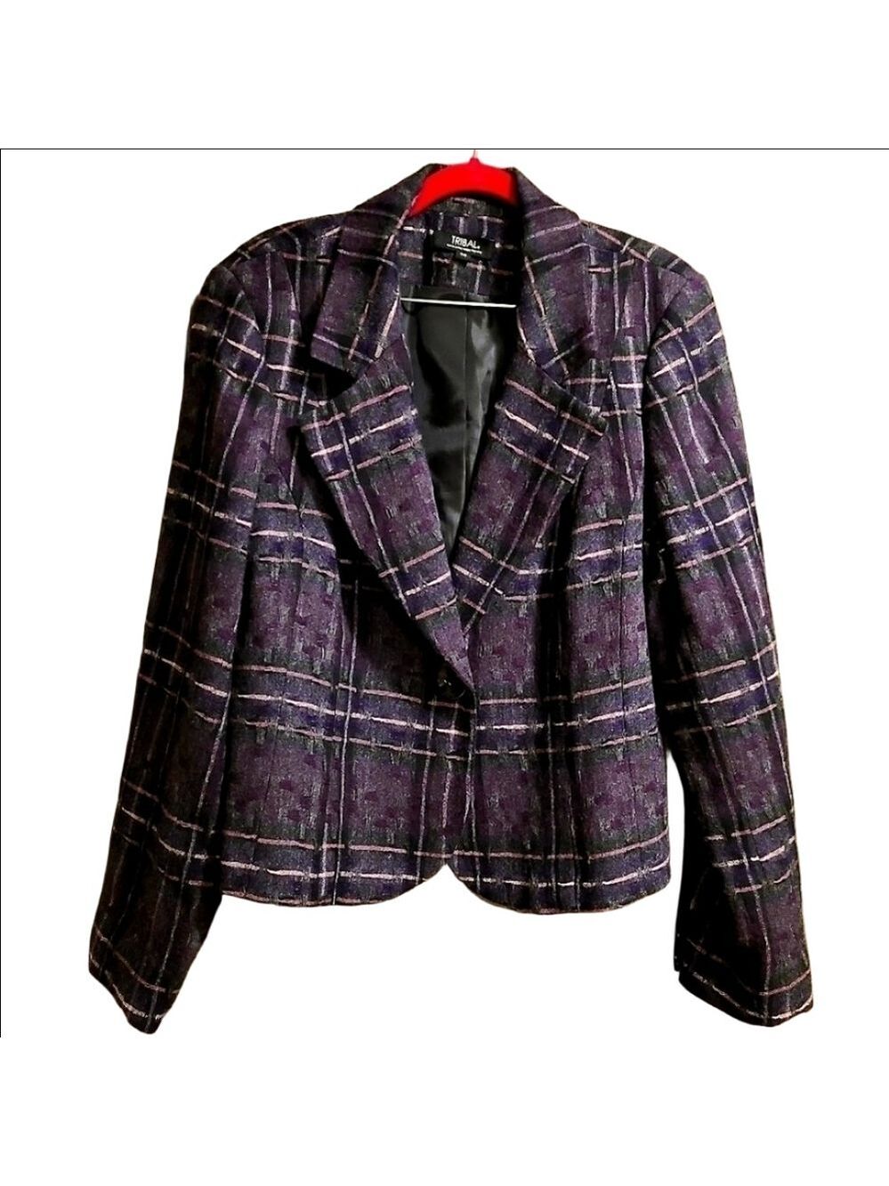 Tribal Tweed Striped Button Front Blazer Jacket Wool Purple Black Size 14